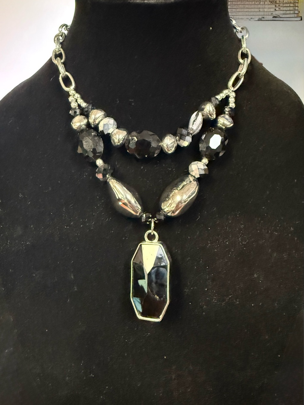 Multi-Strand Silver-Tone Black Faceted Pendant 20” Necklace